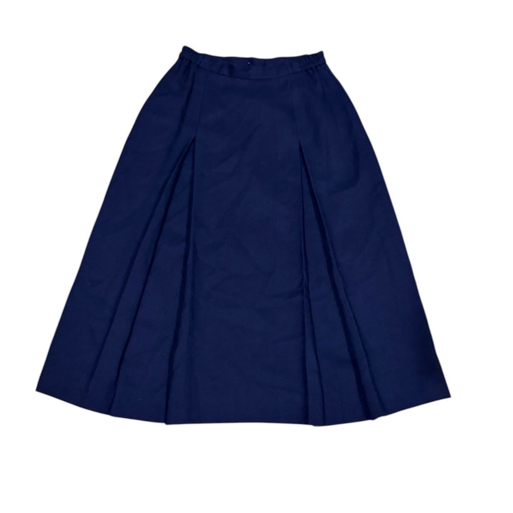 Vtg 70s  Navy Blue Pleated Midi Skirt USA Sz 10 A-Line Lined fits S office siren